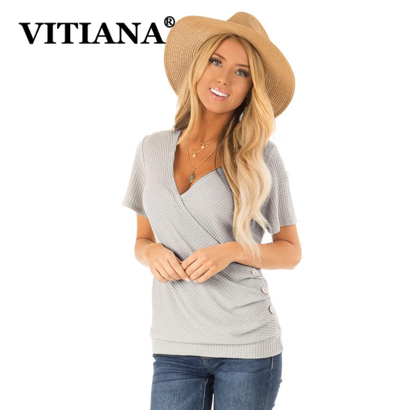 VITIANA Women Casual T-Shirt Summer Female 2019 Short Sleeve V-Neck Buttons Elegant Tees Ladies Solid Black Streetwear Tops VITIANA Women Casual T-Shirt Summer Female 2019 Short Sleeve V-Neck Buttons Elegant Tees Ladies Solid Black Streetwear Tops