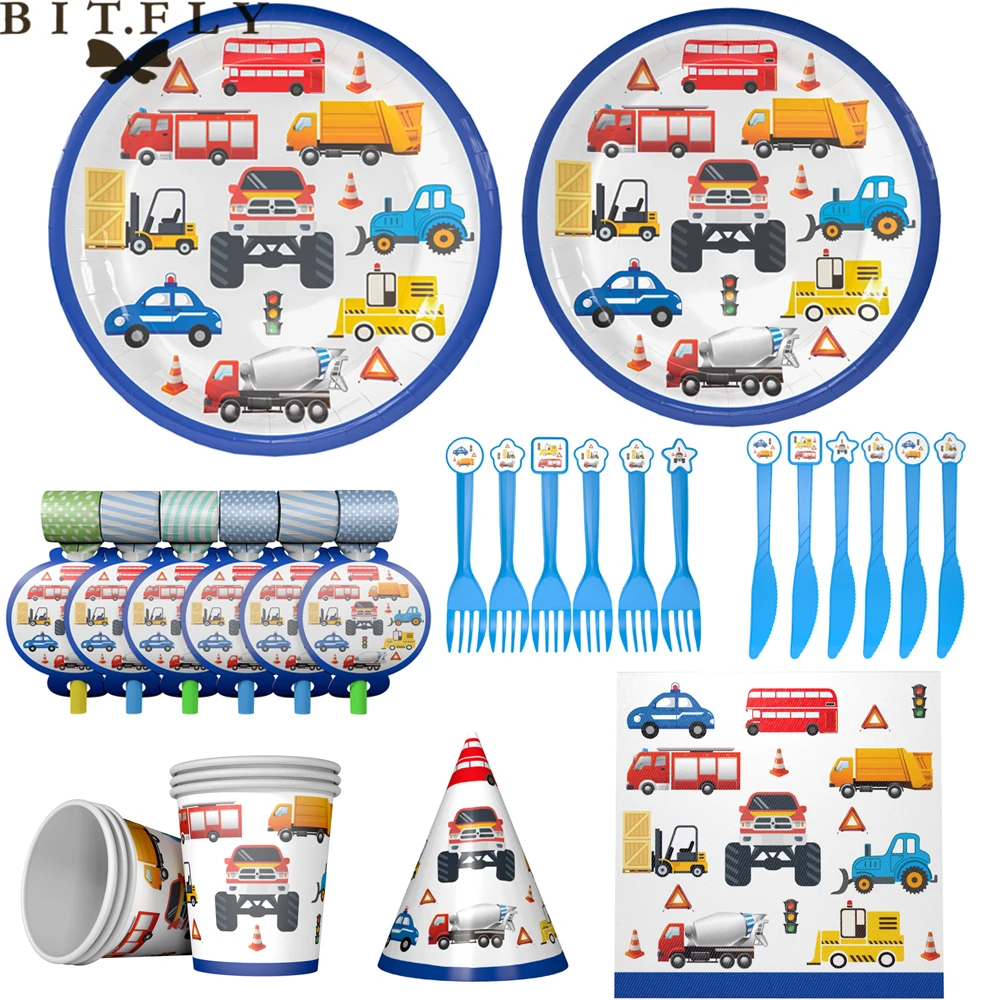 Construction Engineering Vehicle Cars Disposable Tableware Set Paper Plates Cup Banner Tablecloth For Kids Birthday Theme Party