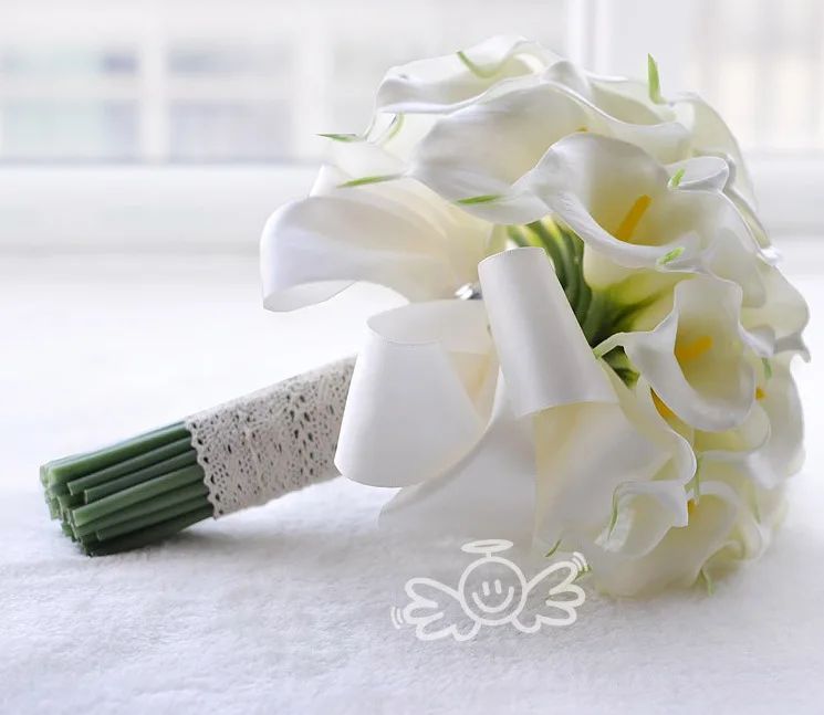 

Beautiful Real Touch PU Artificial 6-30pcs Yellow White Calla Lily Bridesmaid Flower Girl Keepsake Wand Wedding Bouquet Bridal