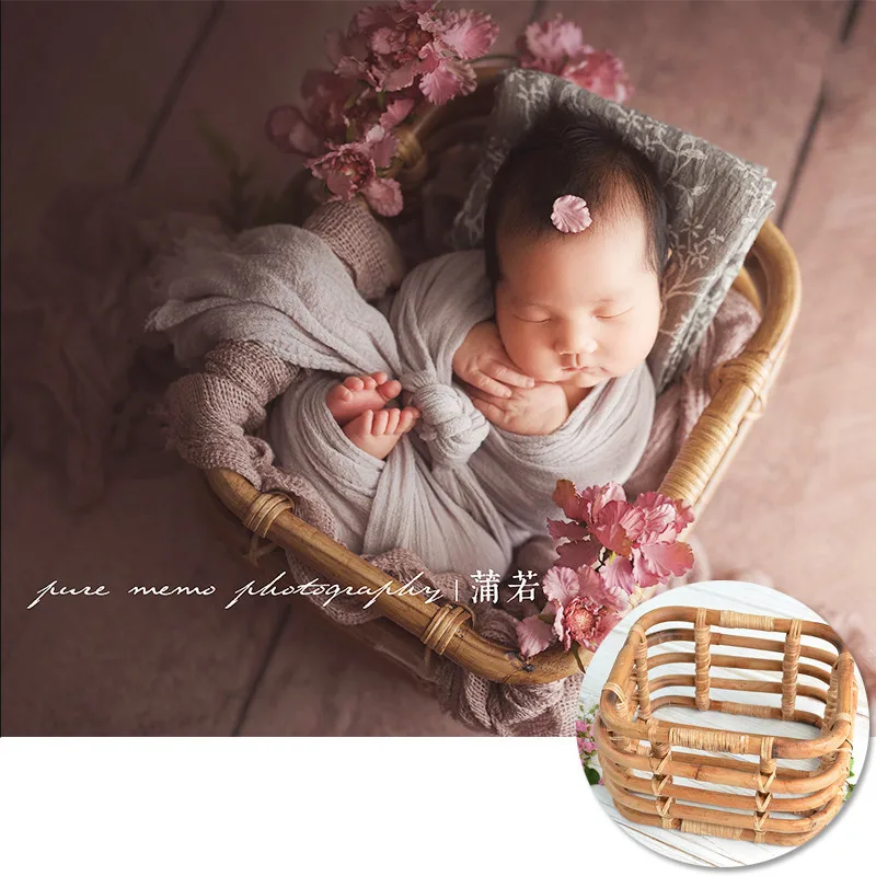 Goedkoop Pasgeboren Fotografie Props Baby Vintage Geweven Mand Foto Schieten Zuigeling Rekwisieten Container Baby Fotografie Props Meisje Fotografia