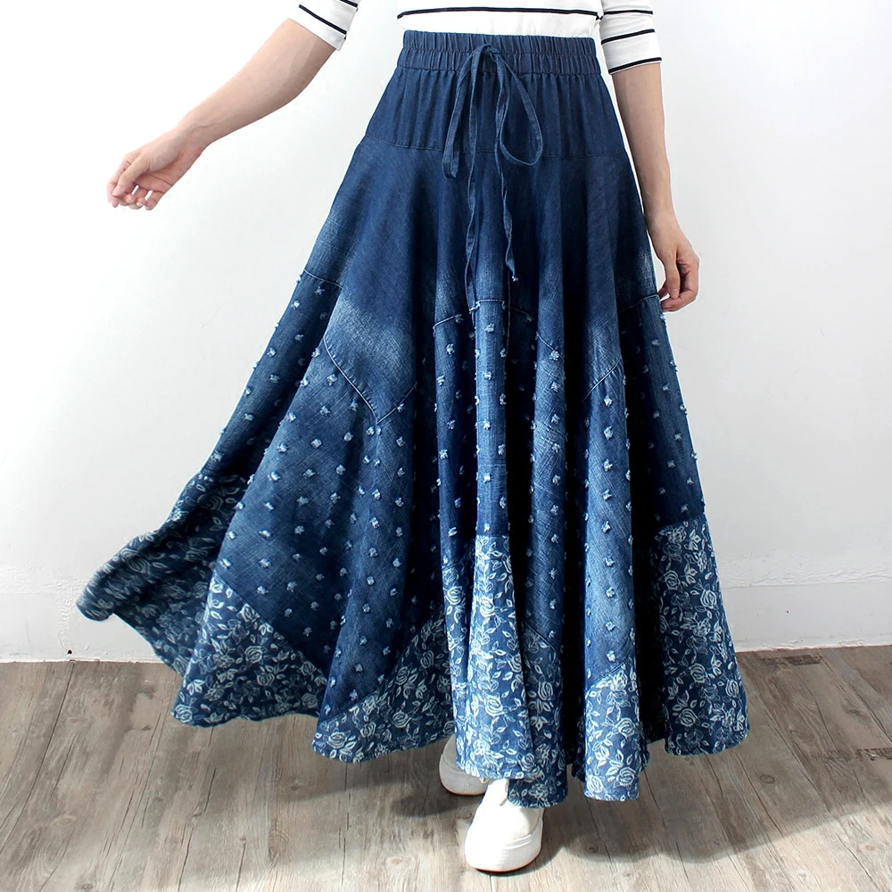 Chouyatou Women's Tiered Denim Maxi Skirt - A-Line Elastic Waist Long Skirt