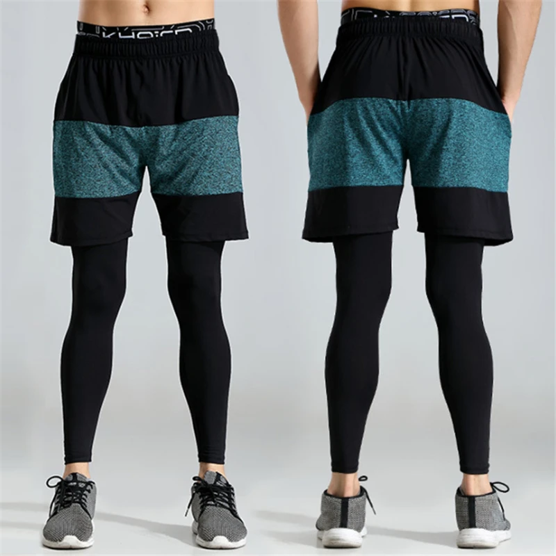 

Line Walker Skinny Running Pants 2 Piece Men Running Pants Set Training Professional Gym Shorts+Legging Elastic Jogging Tights