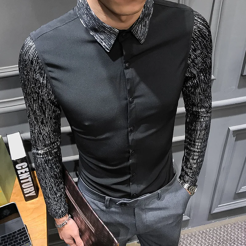 

2019 Spring New shirt dress brand all match men shirt long sleeve patchwork design solid mens shirts casual slim fit prom tuxedo