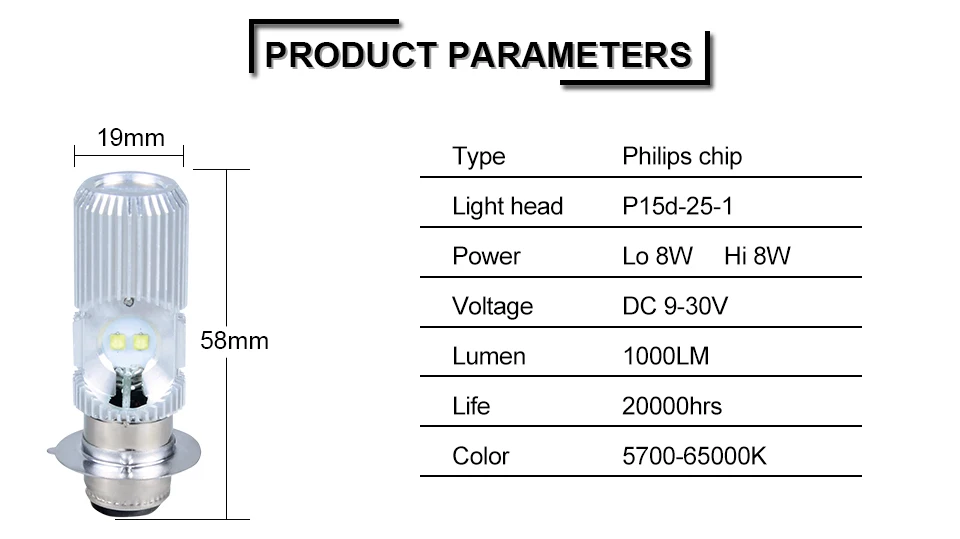 AcooSun 6500K 12V LED Motorcycle Motorbike Headlights P15d 1000Lm Fog Lamp (3)