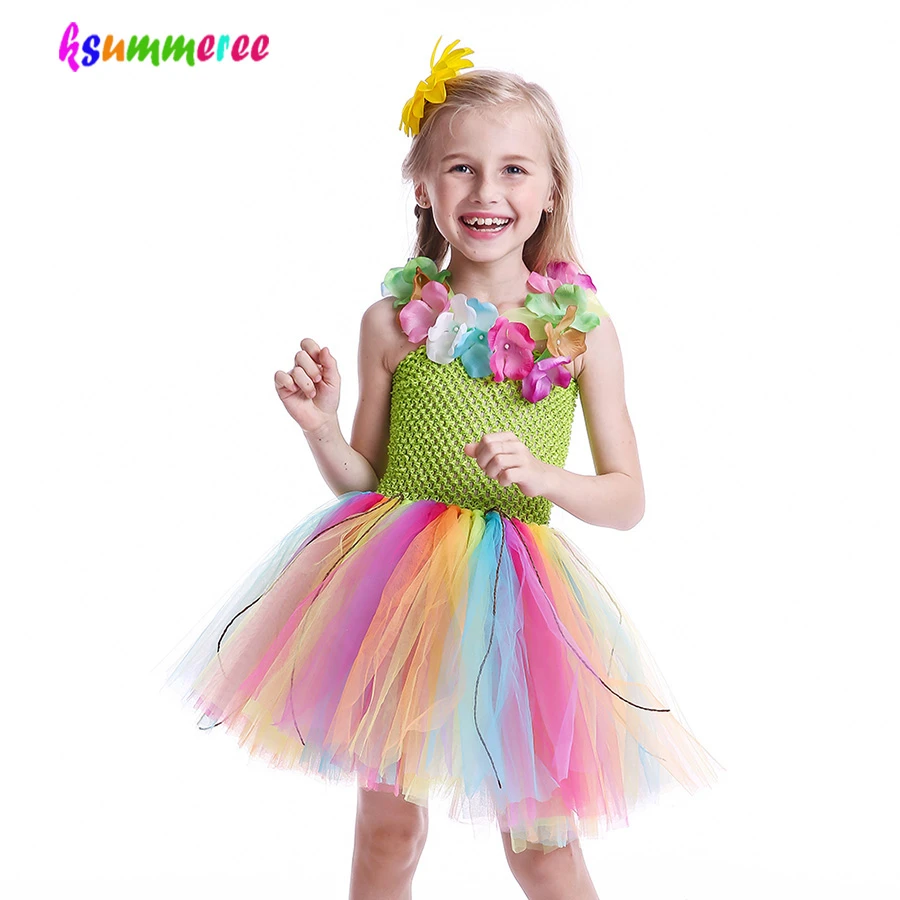 Meninas havaiano grama hula tutu vestido com flor garland colar crianças feito à mão arco íris tule traje luau férias vestido de festa|Vestidos| - AliExpress