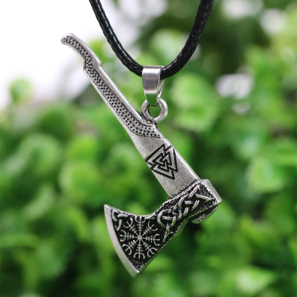 

LANGHONG 1pcs Viking Necklace Nordic Viking Valknut and Vegvisir Compass Axe Amulet Pendant Necklace Talisman Jewelry