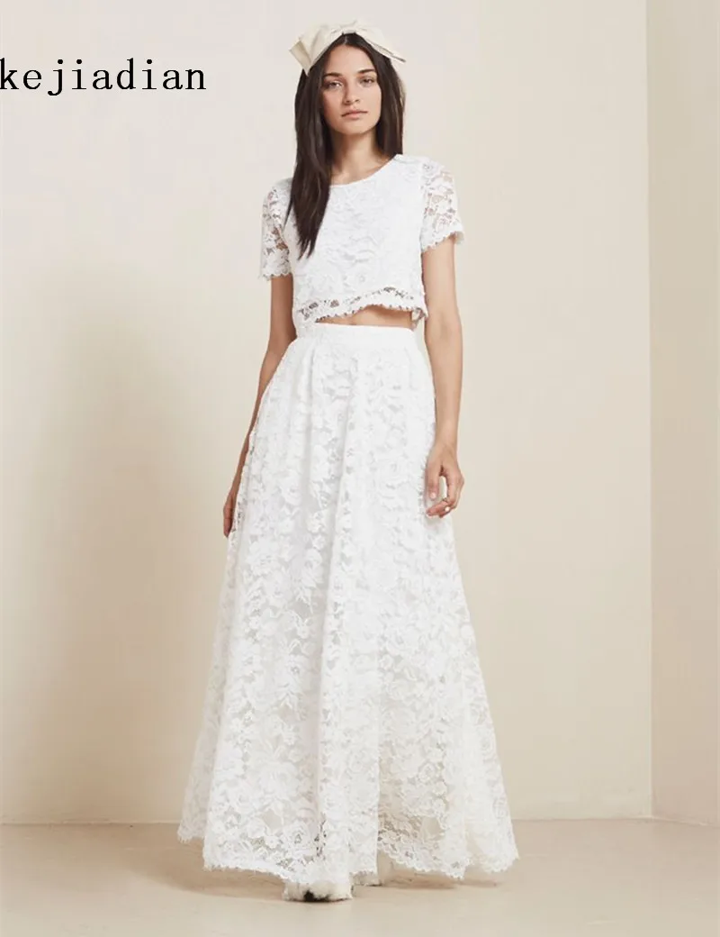 

vestido de noiva 2 Pieces Lace Wedding Dresses Bohemia Short Sleeve scoop Floor Length Beach 2019 Fashion Bridal Gown Custom