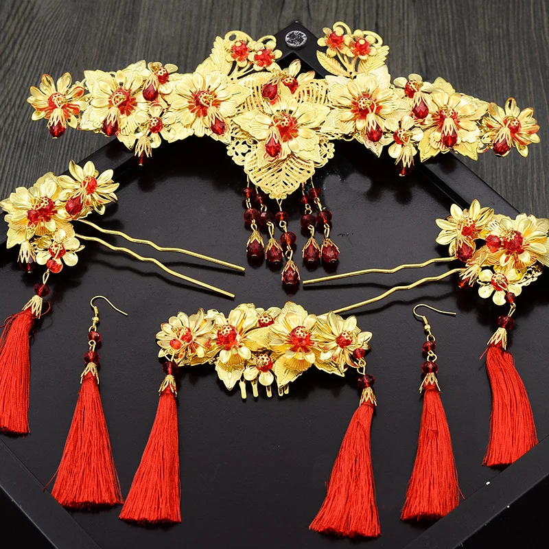 

China Red Gold Retro Floral Crown Bridal Earring Sets Jewelry Rhinestone Tiaras Head Crowns Wedding Hair Crown Headpiece
