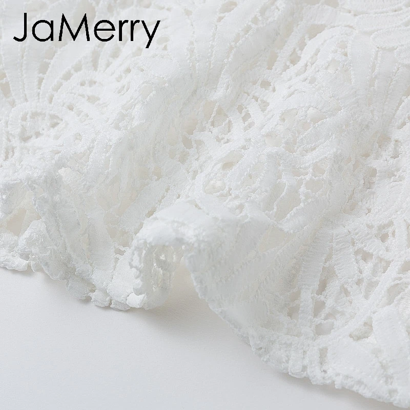 JaMerry Vintage ruffled white lace mesh embroidery blouse shirt Elegant hollow out long sleeve female tops Sexy party tops