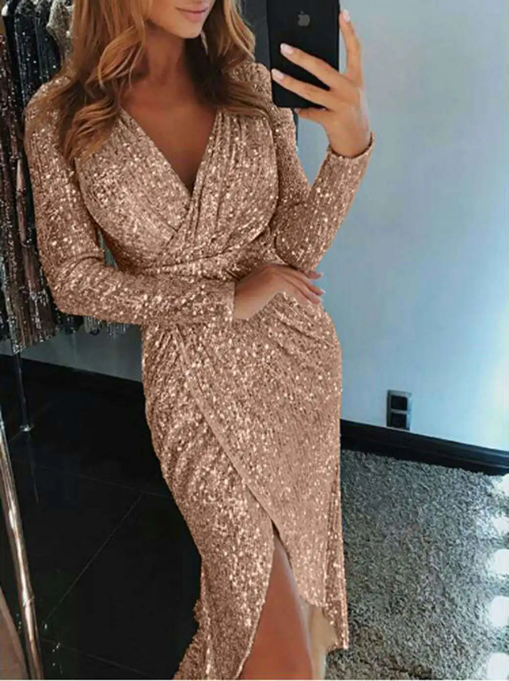 

Women‘s Sequin Long Sleeve V Neck Sexy Bodycon Cocktail Party Christmas Dress