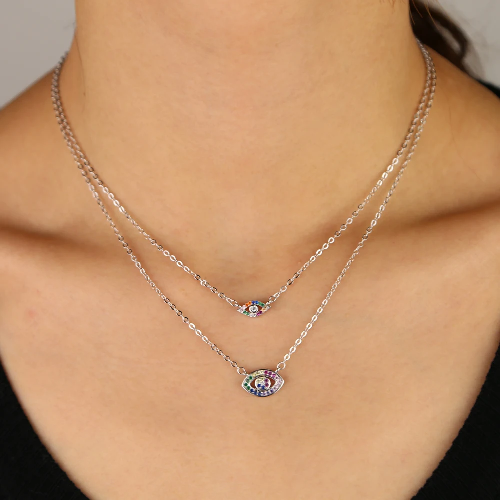 

top quality rainbow colorful cz jewelry for lady wholesale turkish evil eye lucky pendant necklace gold color fashion gorgeous