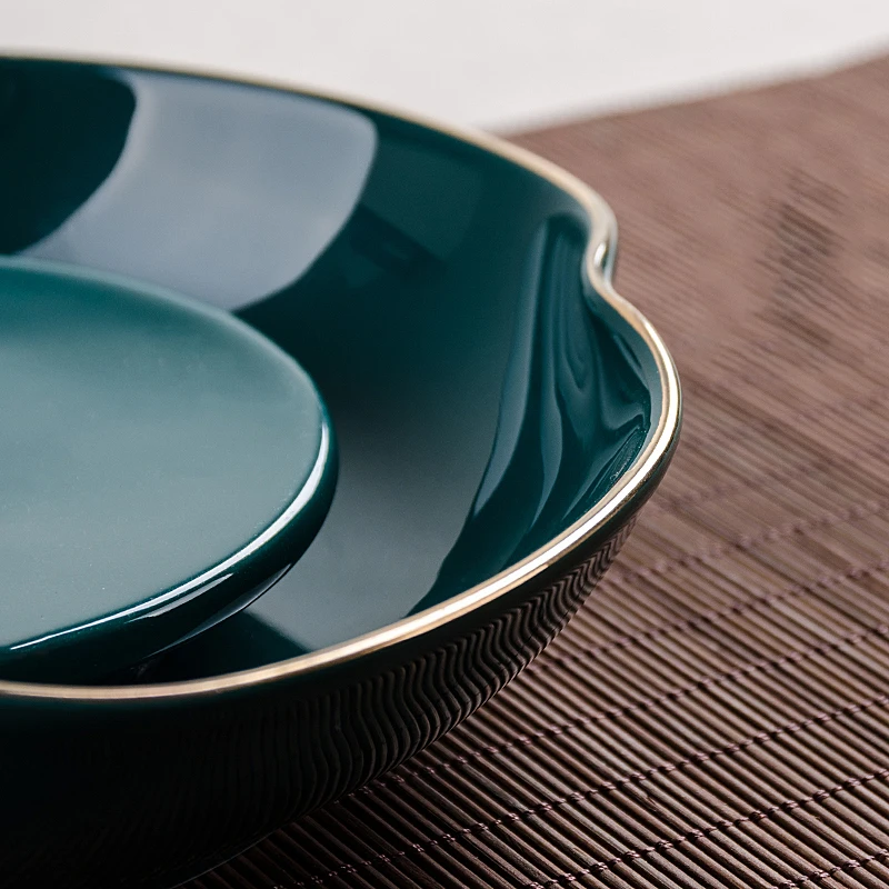 Винтаж фарфор Чай горшок лоток Gaiwan Чайник держатель зеленый подглазурного
