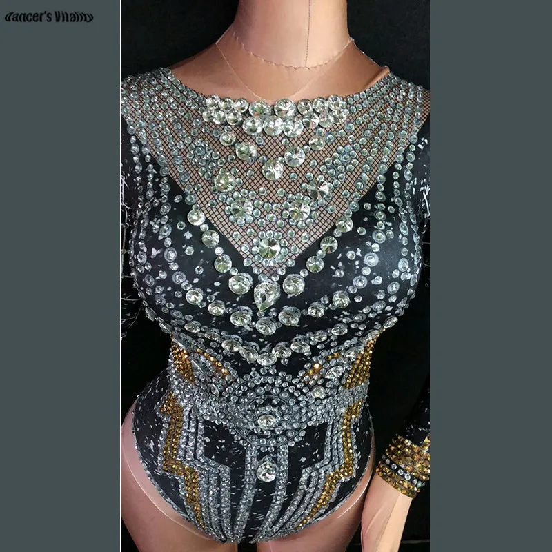 DS Black Crystals Rhinestone Jumpsuit Women Sexy Outfit Party Costumes Stage Wear BodySuit Dance Singer Rhinestone Sexy Cloak