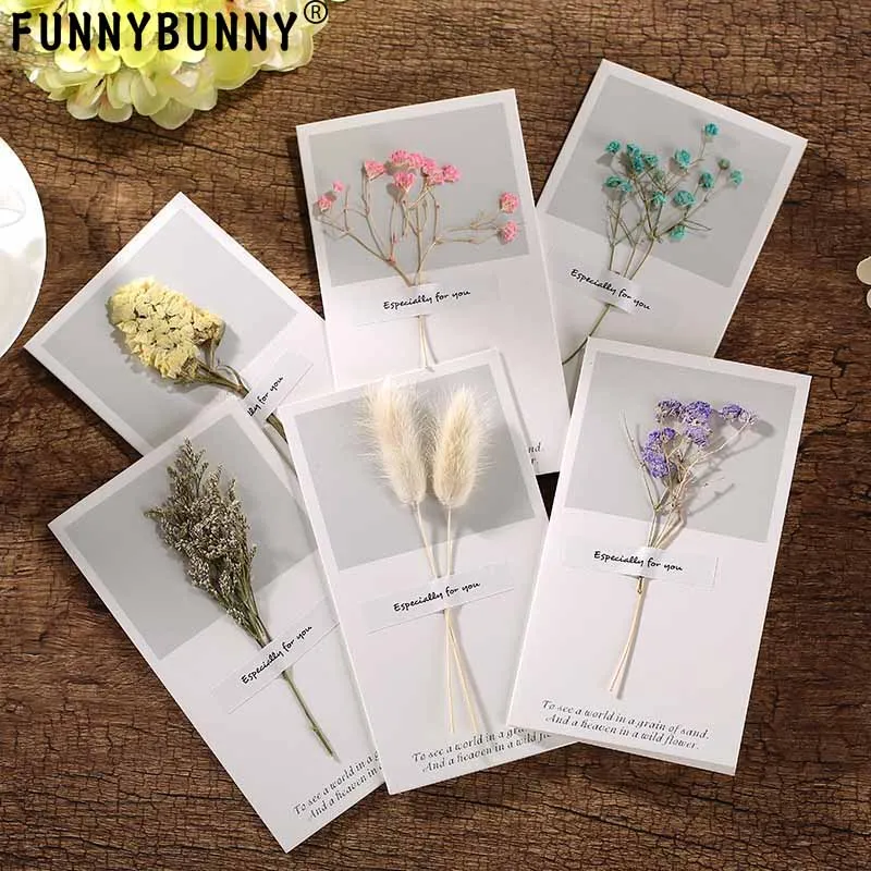 

FUNNYBUNNY Handmade Dried Flowers Thank You Card Party Invitation Card Romantic Greeting Cards for Wedding, BirthdayThanksgiving