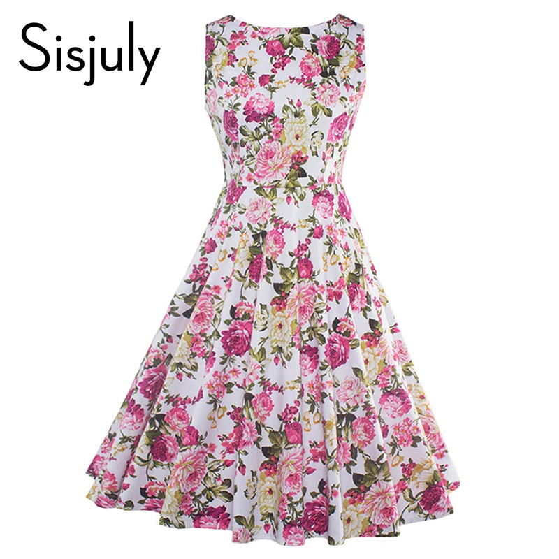 Sisjuly Vintage Dresses 2017 Summer Print Floral 1950s Style Elegant Party Dress Patchwork Sleeveless Luxury Vintage