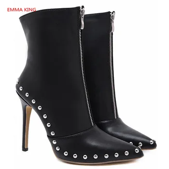 

Winter Boots Women Front Zipper Punk Shoes 2018 Fashion Sexy Pointed Toe High Heels Black White Leather Martin Ankle Boots