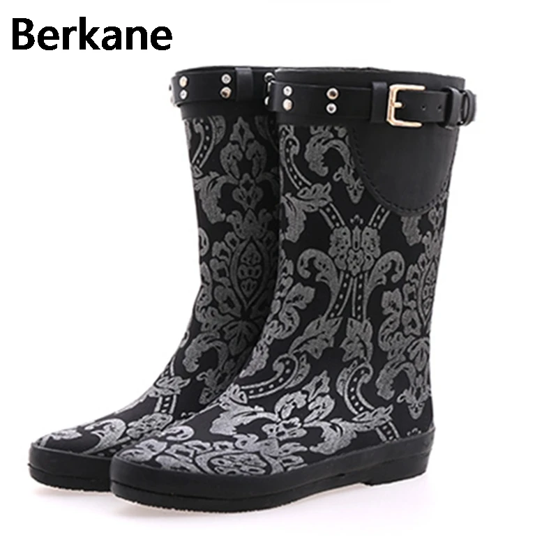 Sliver Floral Prinit Waterproof Rain Boots Women Ruber Anti slip Flower ...