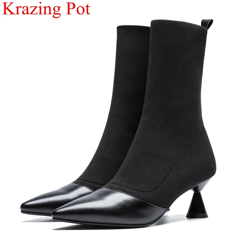 

2018 superstar pointed toe slip on mid-calf boots elegant solid strech boots brand high heels strange style Autumn shoes L01