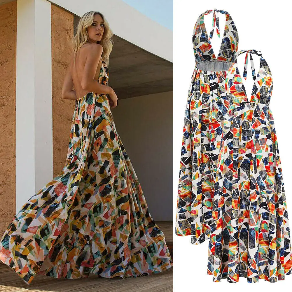 

Women's Floor Length Boho Dress Floral Halter Backless Deep V-neck Summer Beach Evening Party Long Sundress