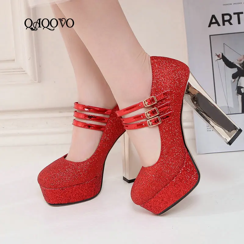 

Women Pumps Platform Square High Heels Mary Jane Ladies Shoes Spring Autumn Bling Party Wedding Shoes Gold Silver Red