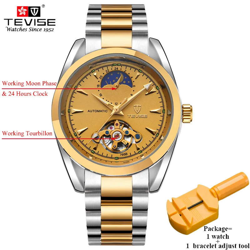 Мужские автоматические наручные часы TEVISE из нержавеющей стали с турбийоном, автоматические механические часы 795 - Цвет: silver gold gold