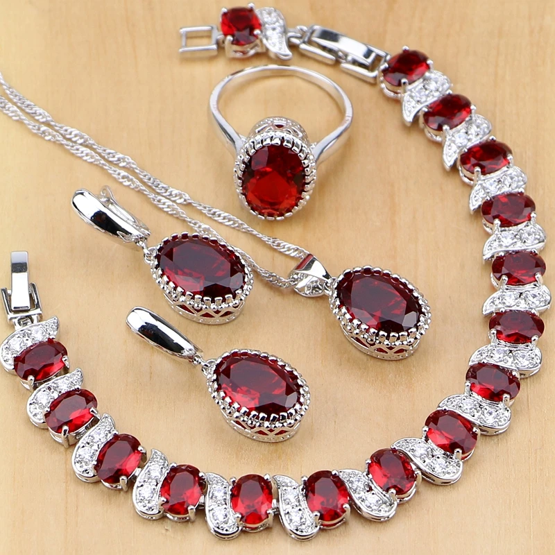 Two Pieces Women Bracelet Wedding Jewelry Sets Red Stone Color Ring Necklace DI