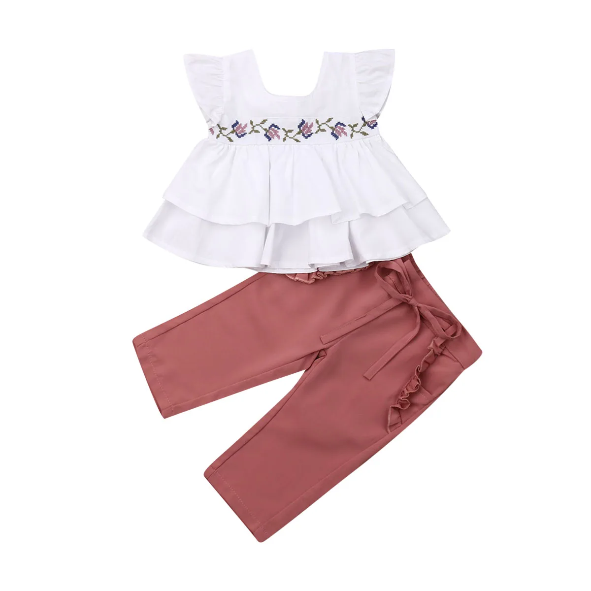 Милый комплект одежды принцессы для маленьких девочек; летняя модная футболка с вышитыми цветами для маленьких девочек длинные штаны с бантом комплект из 2 предметов - Цвет: A