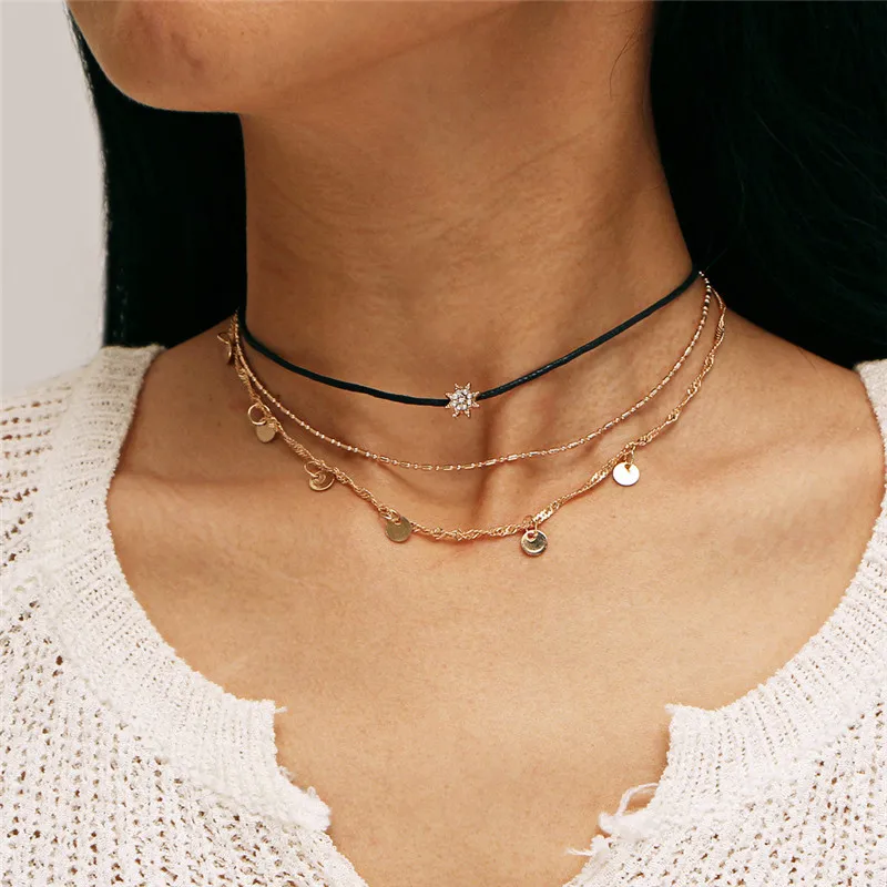 

Retro Gold Color Jewelry Crystal Multi-layer Necklace Leather Chain Ladies Star Pendant Charm Necklace 2019, Wholesale Jewelry