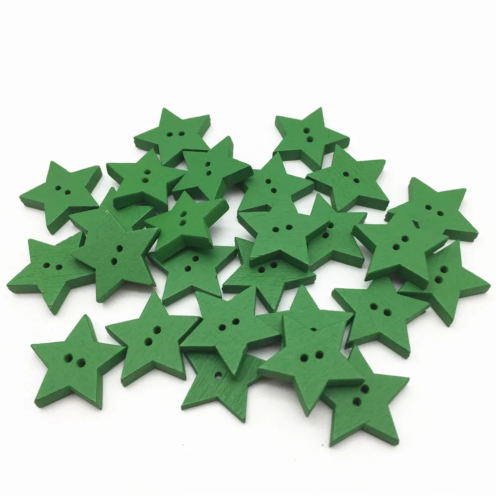100pcs 24mmm Green Wood Christmas Star Buttons Embellishments