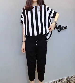 

Loose Two-piece Set Suit Bats Sleeves Tracksuit For Women Leisure Stripes Top&pants Set Batwing Sleeve Drawstring Sweatshirts