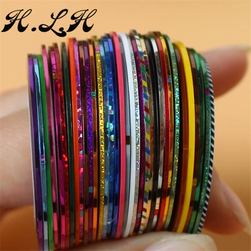 

H.L.H Sticker & Decal Nail Art Decoration 1Set/30pcs Rolls Multi Color Striping Tape Line Metal Rolls 20m/pc DIY Nail Tips