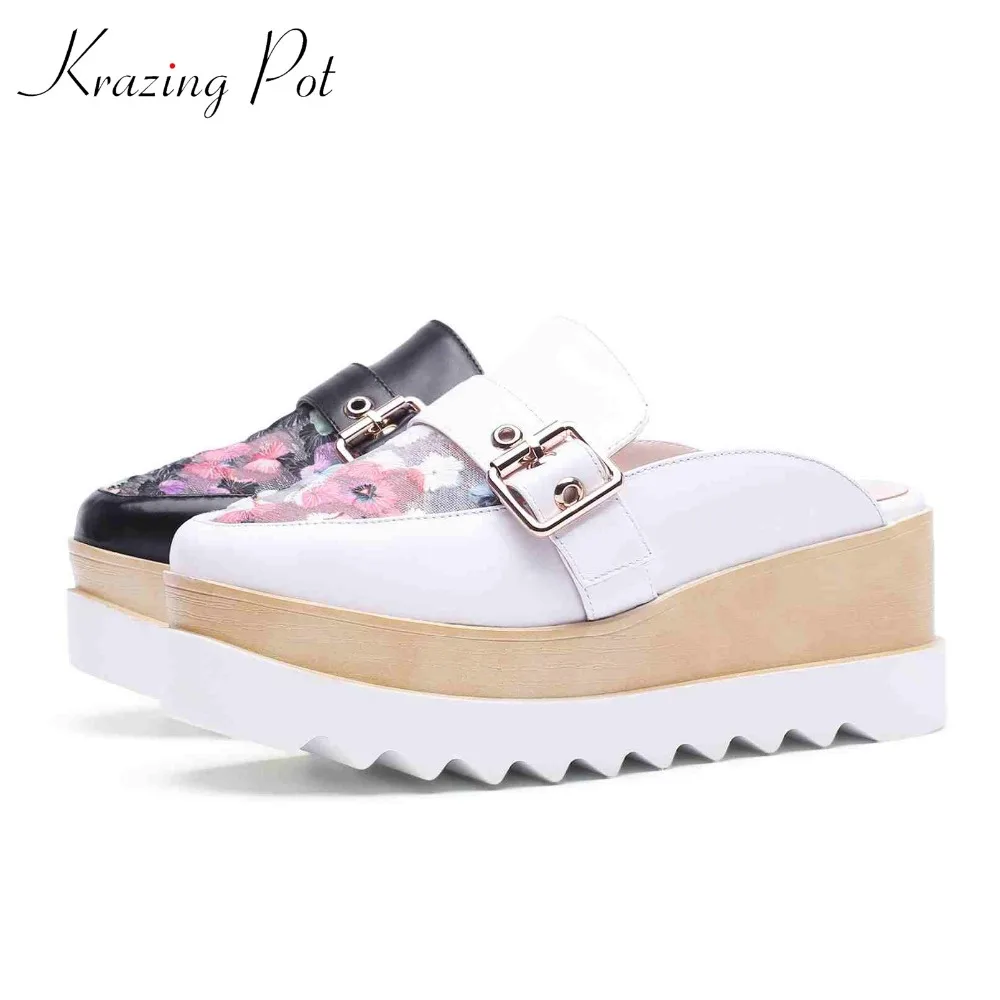 

Krazing pot 2019 new cow leather slip on mules air mesh embroidery flowers thick bottom high heels buckle increased sandals L53