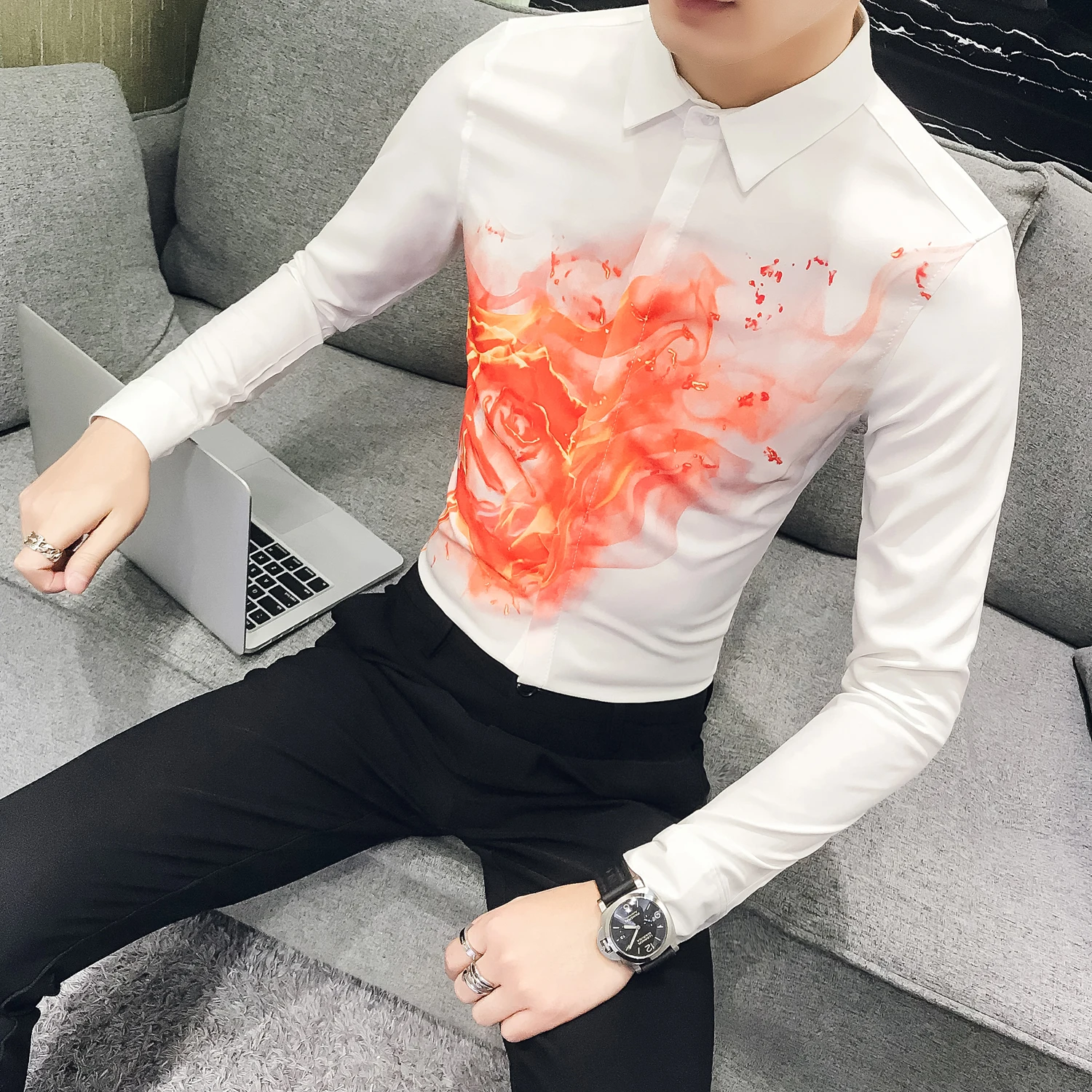 

2018 Autumn Gothic Shirt Black And White Korean Men Fashion Clothing Prom Party Club Even Shirts Camisas Para Hombre