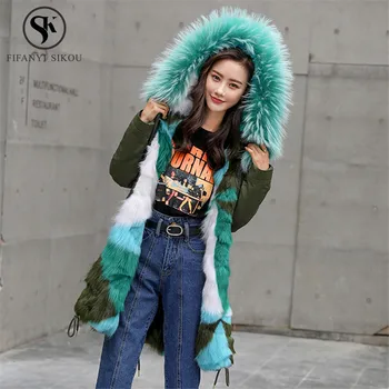 

Winter Women Fashion Fur coat women Fox Fur Lining Warm Parka Raccoon Dog Fur collar Hooded Coats Long Parkas Fourrure Outerwear