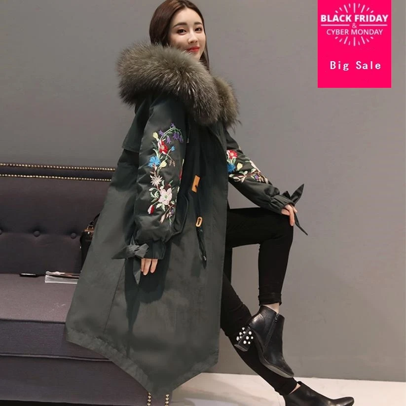 

Real fox fur collar cotton coat women 2018 winter fashion Korean embroidery large size down cotton thicken jacket outwear L1495