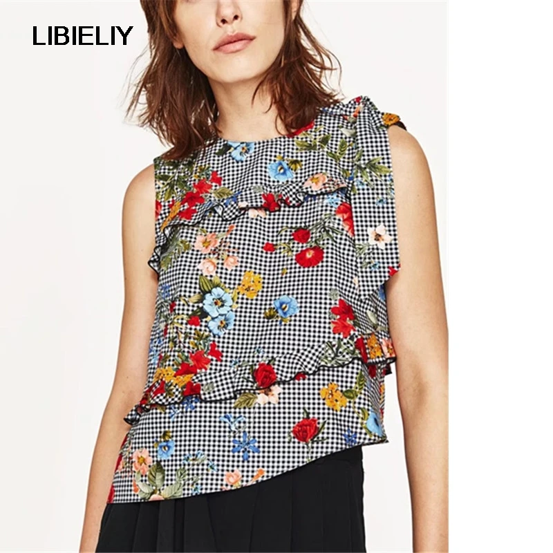 Floral Printed Black Gingham Ruffles Blouse Women Nice