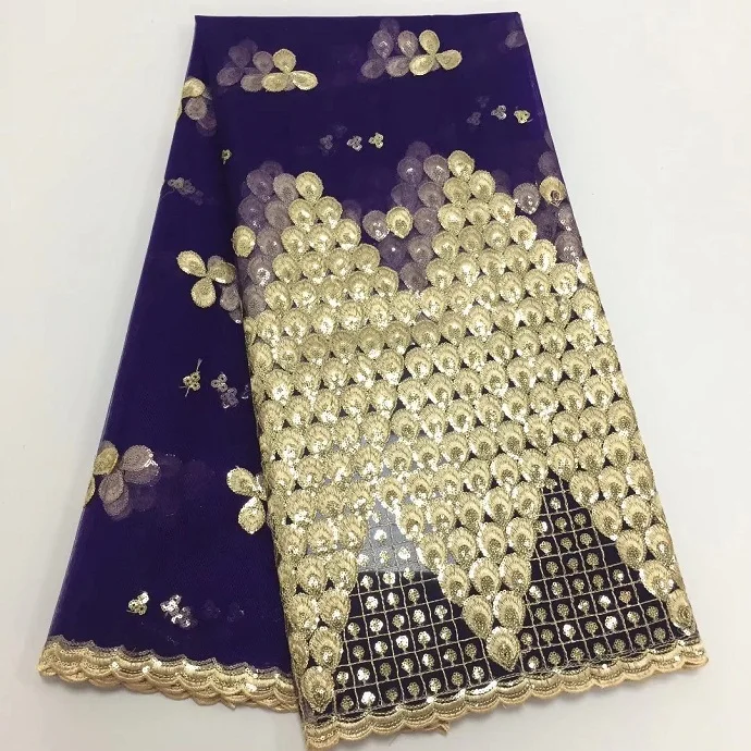 

2019 High Quality African Lace Fabric Gold , Purple French Net Embroidery Sequins Tulle Lace Fabric For Nigerian party Dress