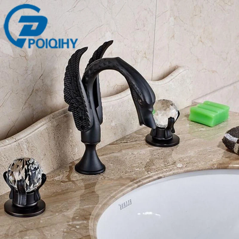 

POIQIHY Basin/Bathroom Faucet Golden Widespread Basin Sink Faucets Dual Crystal Triple Holes Deck Mounted Mixer Tap