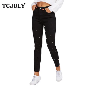 

TCJULY 2019 Autumn Winter New Pearl Jeans For Women Skinny Push Up Slim Black Pencil Pants Streetwear Casual Stretch Denim Jeans