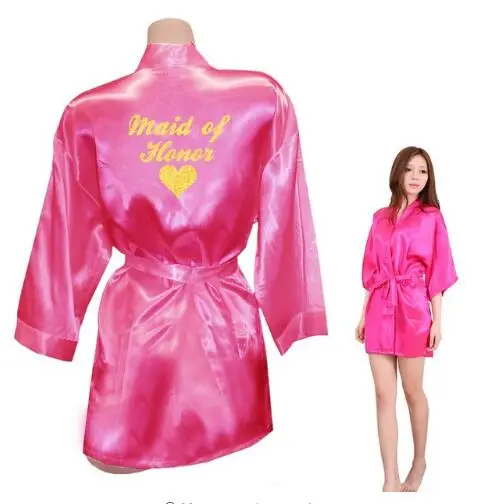 Bridesmaid Robes Bridesmaid Heart Golden Glitter Print Faux Silk Kimono Robes Wedding Gift Bride Team Bachelorette Lov - Цвет: rose Maid of Honor