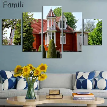 

5 Panels Canvas Art Amsterdam House Canal Home Decor Wall Art Painting Canvas Prints Pictures for Living Room Poster Unframed