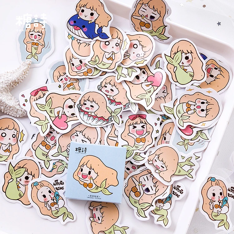 

45Pcs/Pack Mini Color Cartoon Mermaid Boxed Diary Stickers Decoracion Scrapbooking Flakes DIY Office Stationery School Supplies