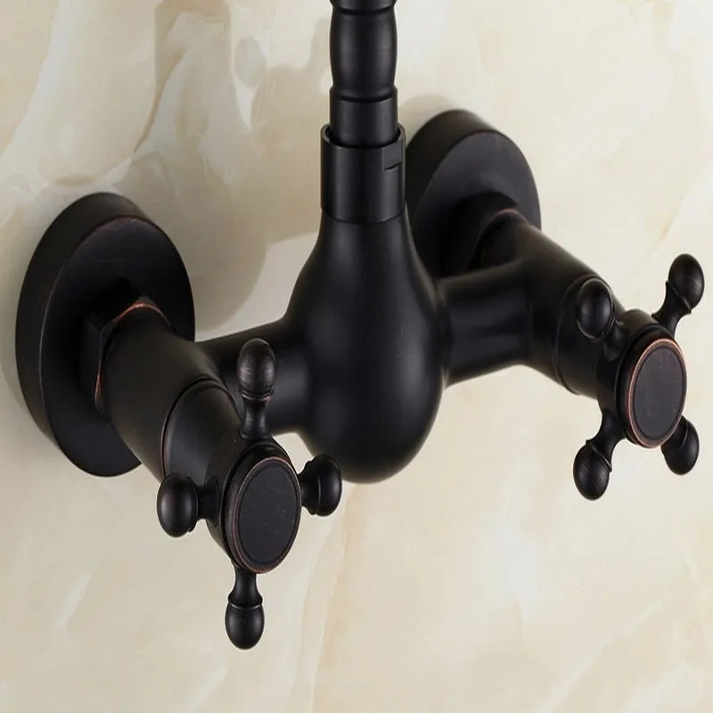 Modern Oil Rubbed Bronze Wall Mounted Dual Cross Handles Kitchen Bathroom Vessel Sink Faucet Mixer Taps ahg014