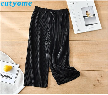 Summer Girl Wide Leg Pant Toddler Kids Casual Loose Trouser Child Pleated Chiffon Pants Teenage Girls Clothing Leggings 12 13 14 - Color: Black