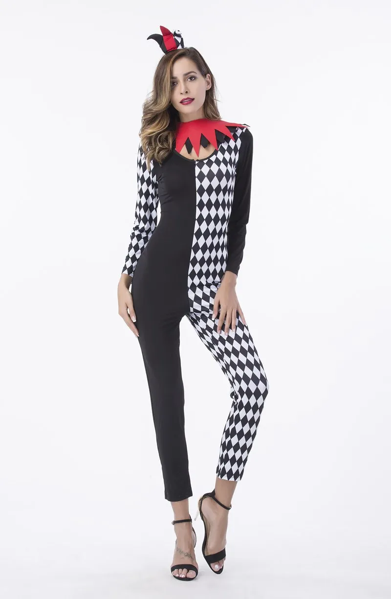 Fantasia Women Sexy Black White Plaid Bodysuit Clown Uniform Jumpsuit