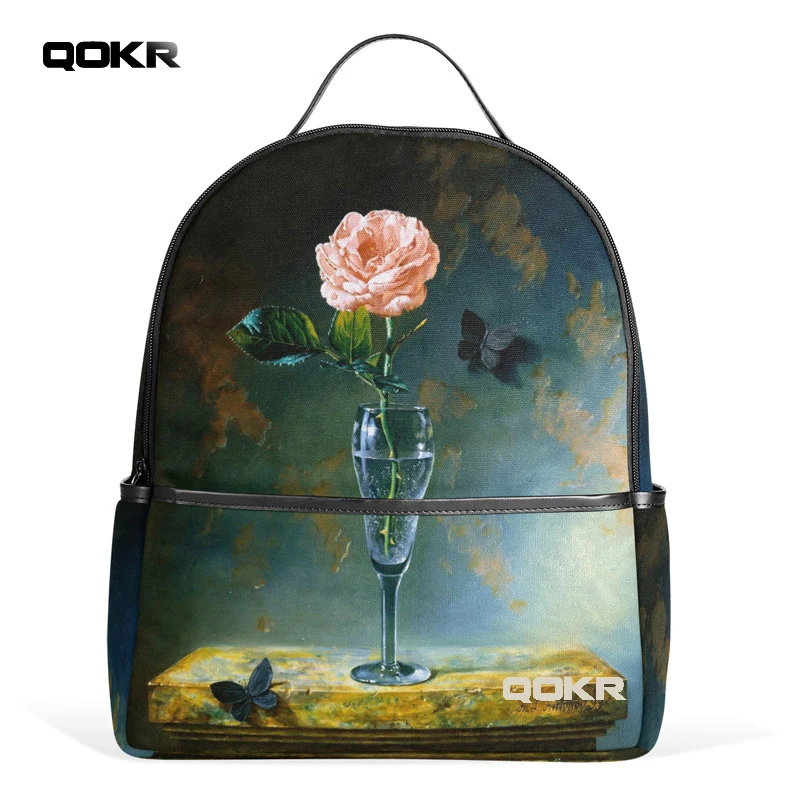 QOKR women backpacks pink roses and black butterfly flower printing fashion design popular travel casual green