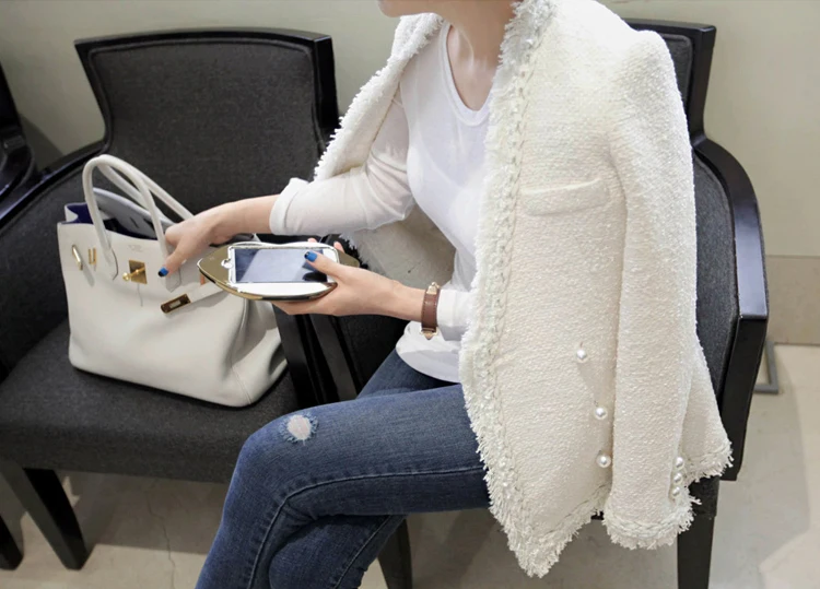 JSXDHK подиумная дизайнерская белая твидовая куртка с жемчугом Новинка года, модная осенне-зимняя плотная двубортная шерстяная верхняя одежда