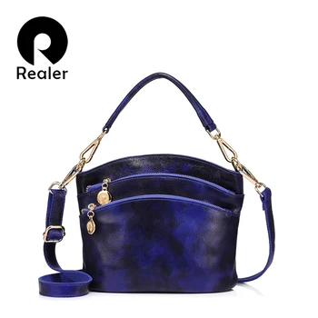 

REALER Brand women genuine leather handbag high quality panelled zipper shoulder bag small tote messenger bag 2019 new
