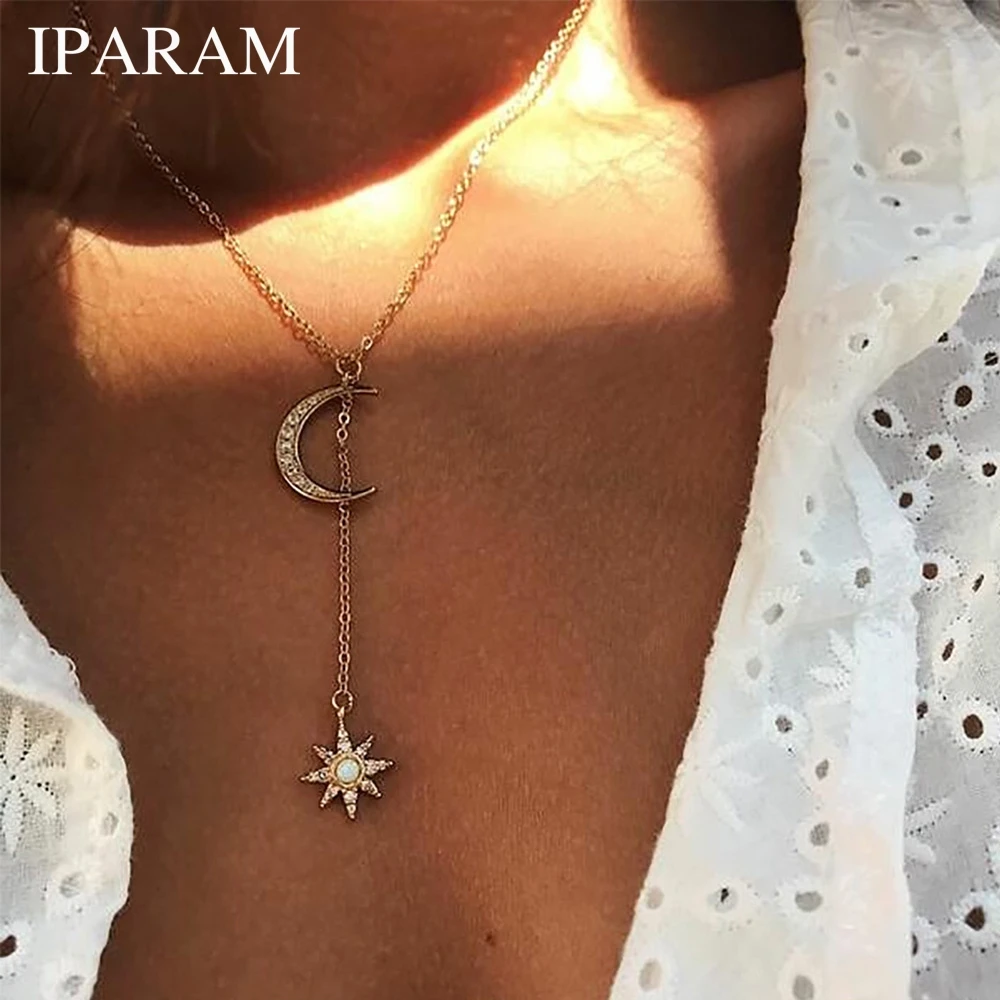 

IPARAM Bohemian Moon Star Crystal Pendant Necklace Vintage Multilayer Ladies Sun Necklace Fashion Jewelry 2018 Jewelry