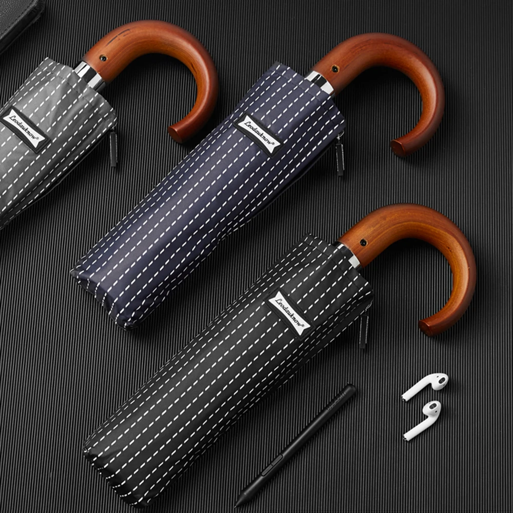 

2019 New Automatic Folding Umbrella Men Women Wooden handle Stripe Style Sun Umbrellas Windproof 10 Ribs Anti UV Parasol Brand